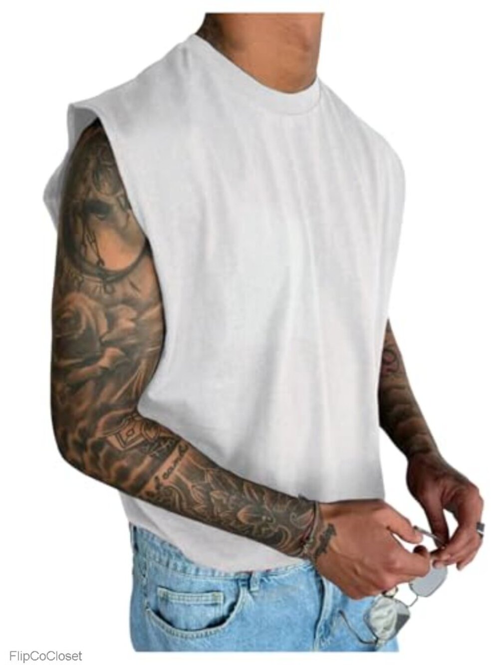 Men's Sleeveless Polyester Gym Tank Top Crew Neck Loose Workout Shirt